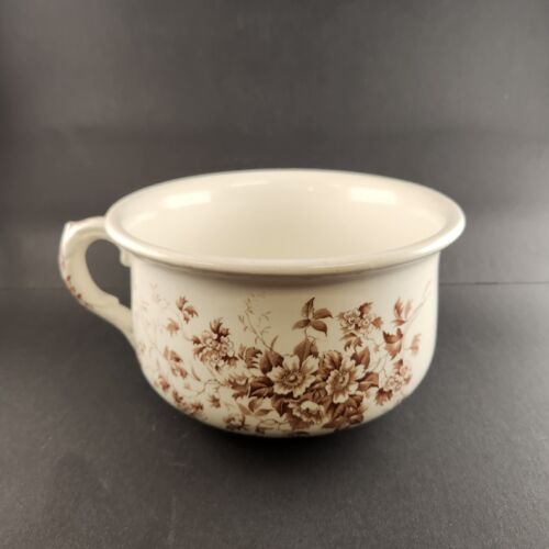 JHW & Sons Semi Porcelain Pottery Chamber Pot Brown Flowers Hanley England 9"x5"