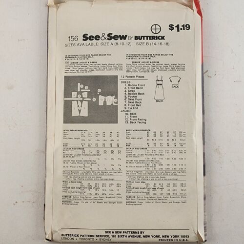 Butterick See&Sew 156 Vintage Sewing Pattern Misses Jacket and Dress Size B