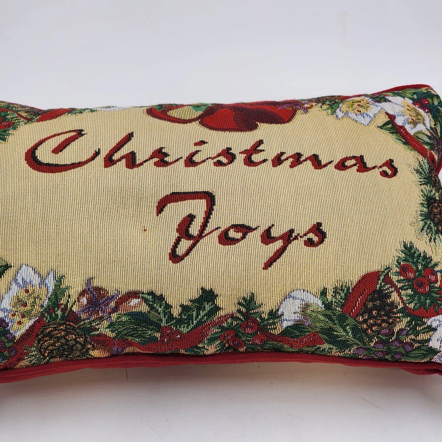 Christmas Joys Throw Pillow Red Back Holly Berries Holiday Decor 18" x 11"