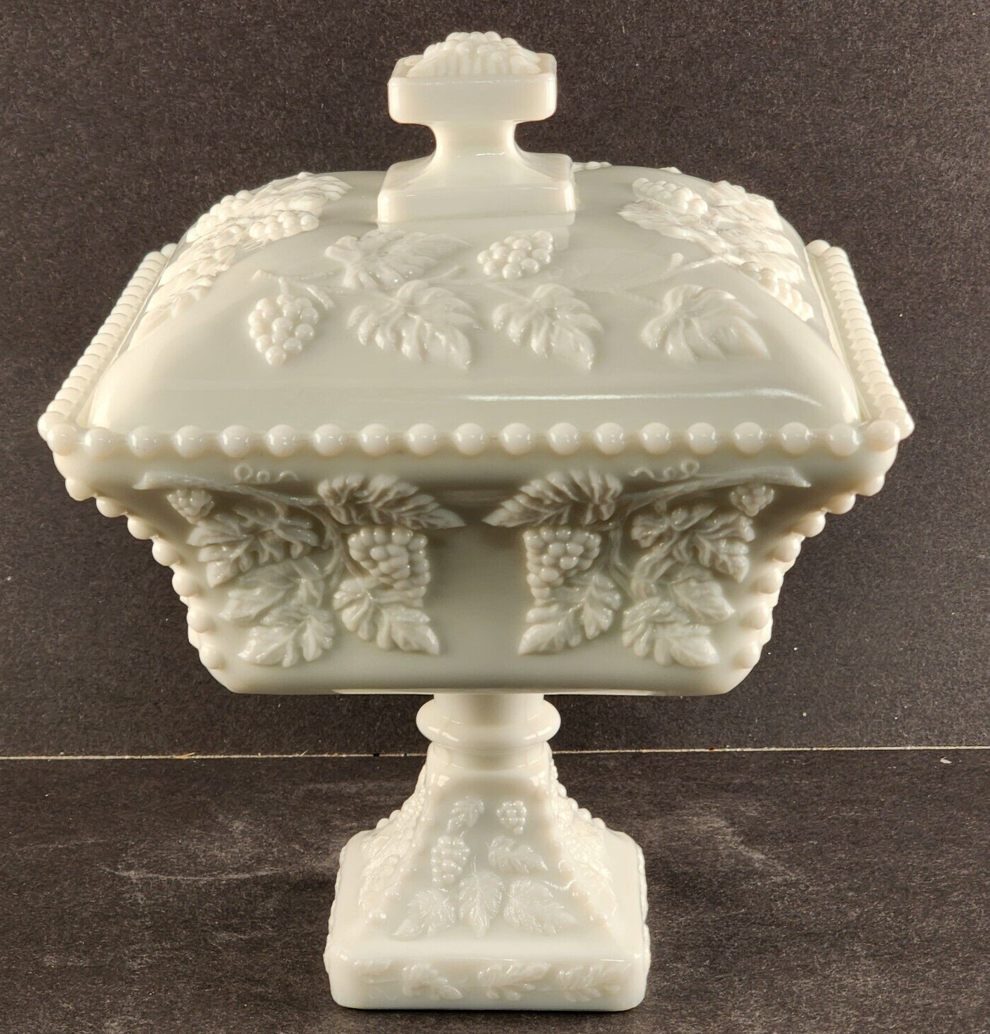 Large Milk Glass Square Compote & Lid Westmoreland Beaded Grape Pedestal Vintage