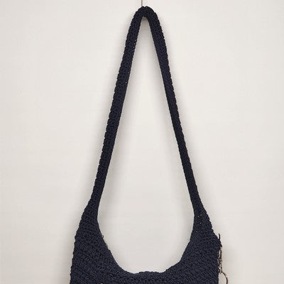 The Sak Navy Blue Striped Crocheted Boho Shoulder Hand Bag Purse Zipper 10"x13"
