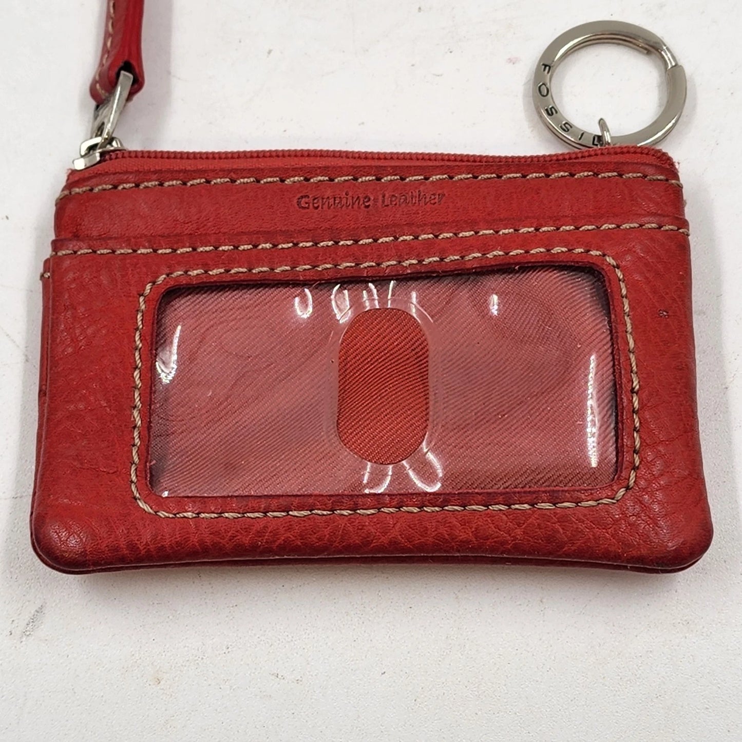 Fossil Red Leather Mini Wallet ID Window Keychain Coin Zip Pouch 4.25"