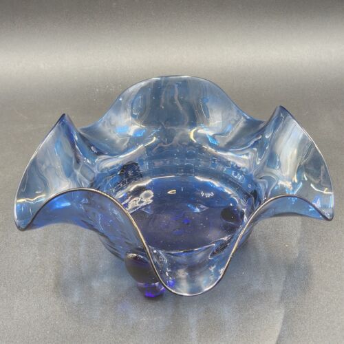 Hand Blown Blue Ruffled Glass Bowl 3 Affixed Feet 11" x 5" OOAK