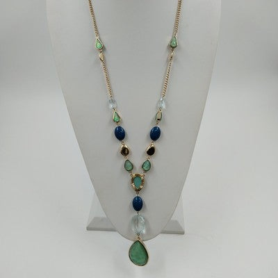 Catherines Gold Tone Teardrop Blue Gem Bead Necklace Lobster Clasp 21" Long