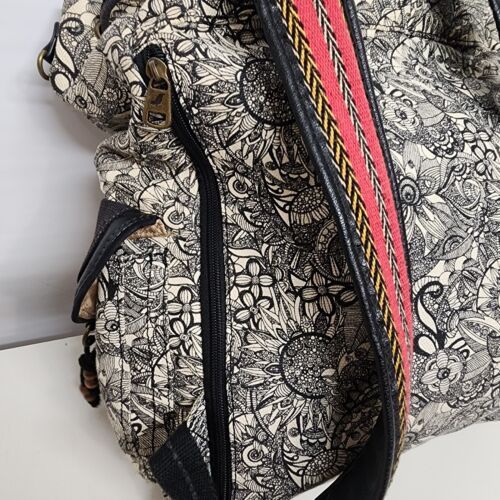 Sakroots Black White Flap Backpack Drawstring Peace Pattern Cotton Leather Trim