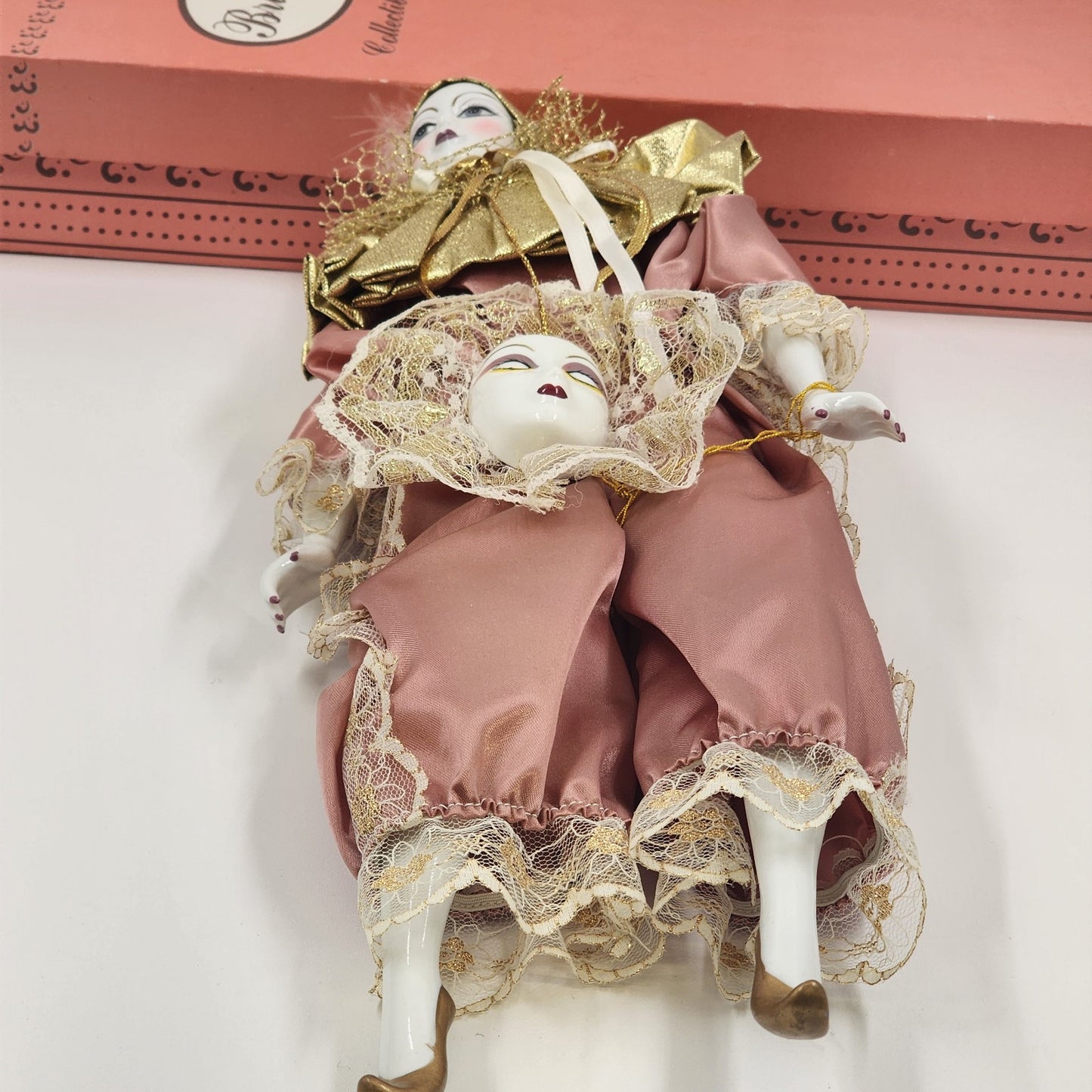 Brinn's Harlequin Porcelain Doll Mardi Gras Clown Mauve & Gold 17" 1991 COA VTG
