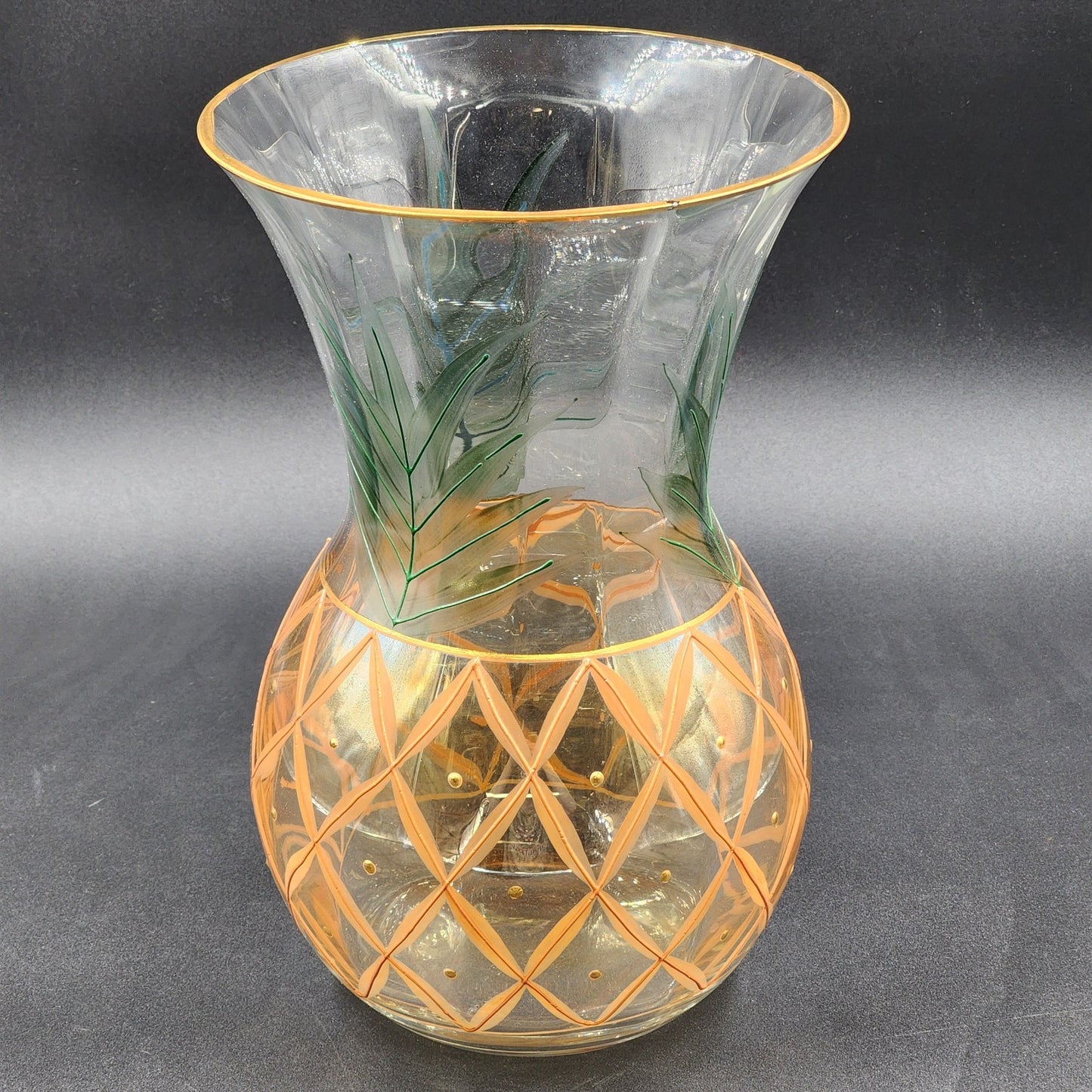 Romanian Vase Clear Crystal Hand Painted Art Glass Pineapple Design Gold Trim