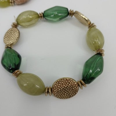 Set of 3 Bracelet Gold & Pale Green Tone Faux Pearl Faceted Oval Bead Stretch 7"