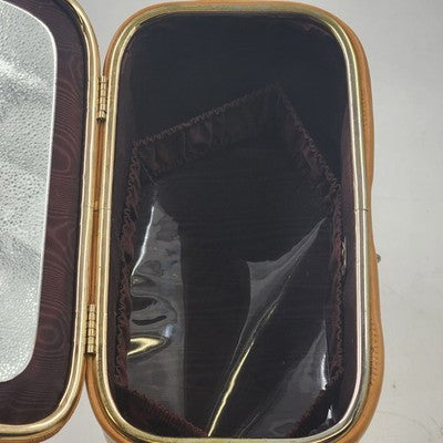 Tan Leather Train Case – 10.5" Travel Luggage with Cane Web Front, Latch Closure, Pockets & Interior Mirror Vintage