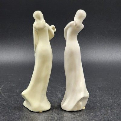 2 Faceless Women Figurines Solid White & Off-White Glazed Porcelain Flowers 8.5"