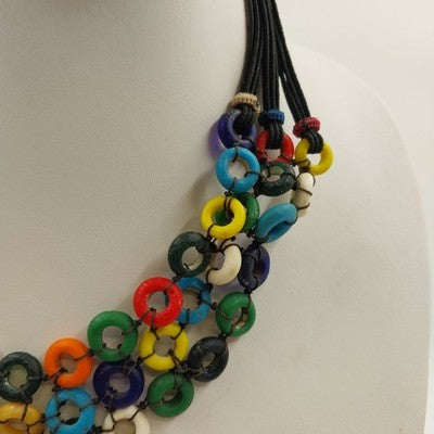 Boho Necklace Multicolor Disc Netting Statement Acrylic Cord Ball Loop Closure