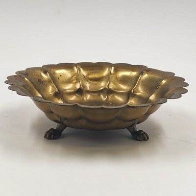 Art Deco Ornate Three-Footed Brass Round Bowl Scalloped Edge Vintage 6.75"