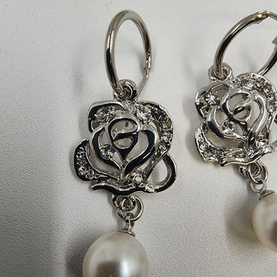 Silver Tone Floral with Crystal Rhinestone White Faux Pearl Dangle Earrings 1.5"