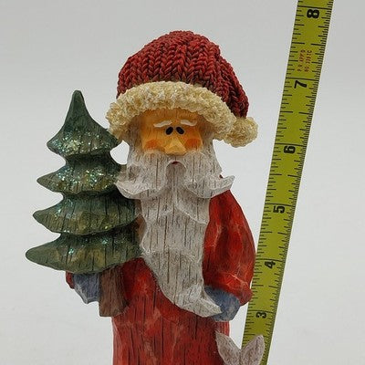 Christmas Santa Claus Resin Figurine Carved Look Holding Tree w Rabbit at Feet