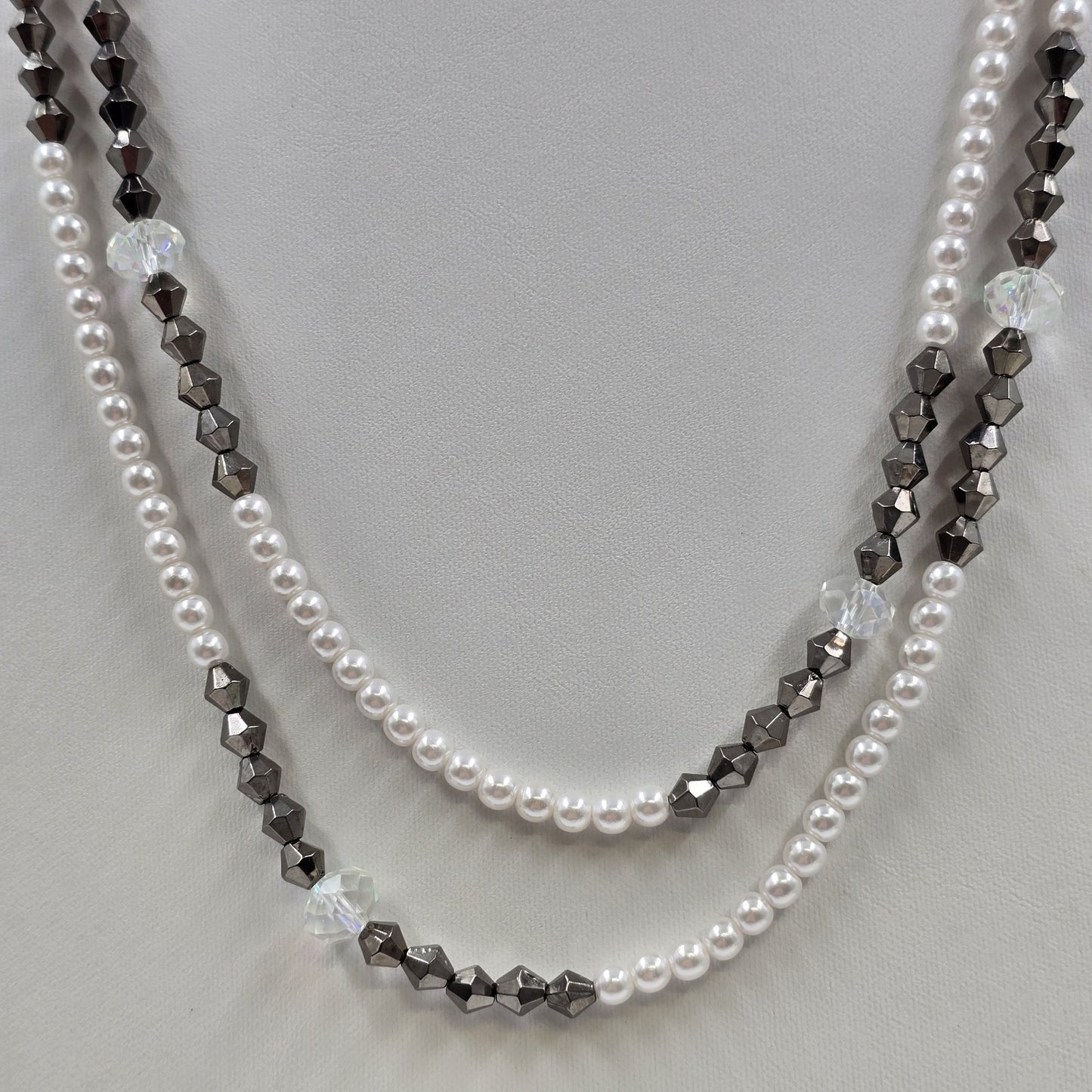 Double Strand Bicolor Long Necklace in Faux Pearl Amethyst Beaded 29"