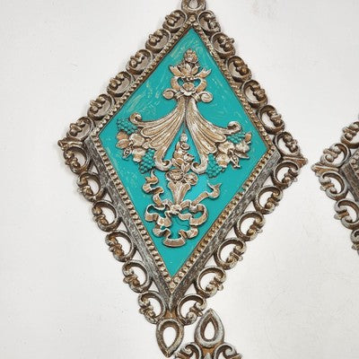 Set 4 Homco Diamond Cameo Wall Plaques Gold & Turquoise Decor Rare Mid Century
