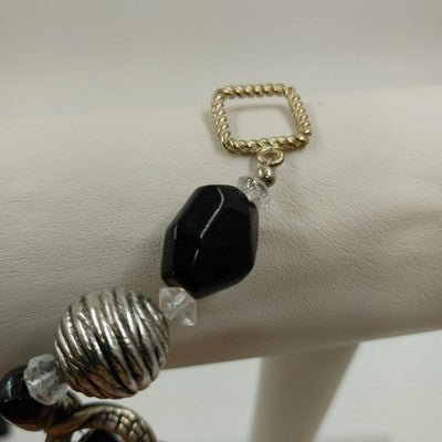 Silver Tone & Black Beaded 6" Bracelet with Clear Faceted Beads & Ribbed Gold
