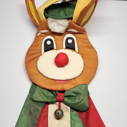 Christmas Windsock Holiday Reindeer Face Jingle Bell Nylon 56" One Torn Streamer
