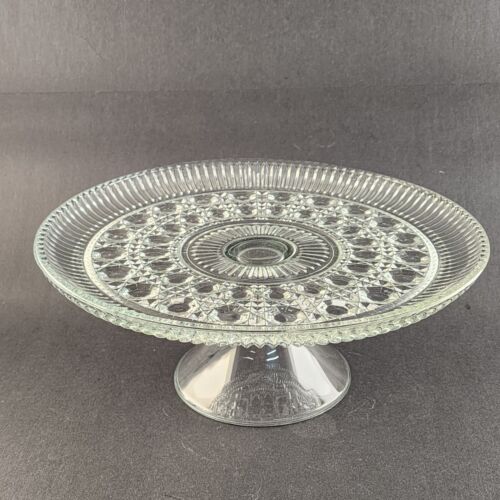 Clear Glass Pedestal Cake Plate 11" Windsor Button & Cane Pattern Federal Glass