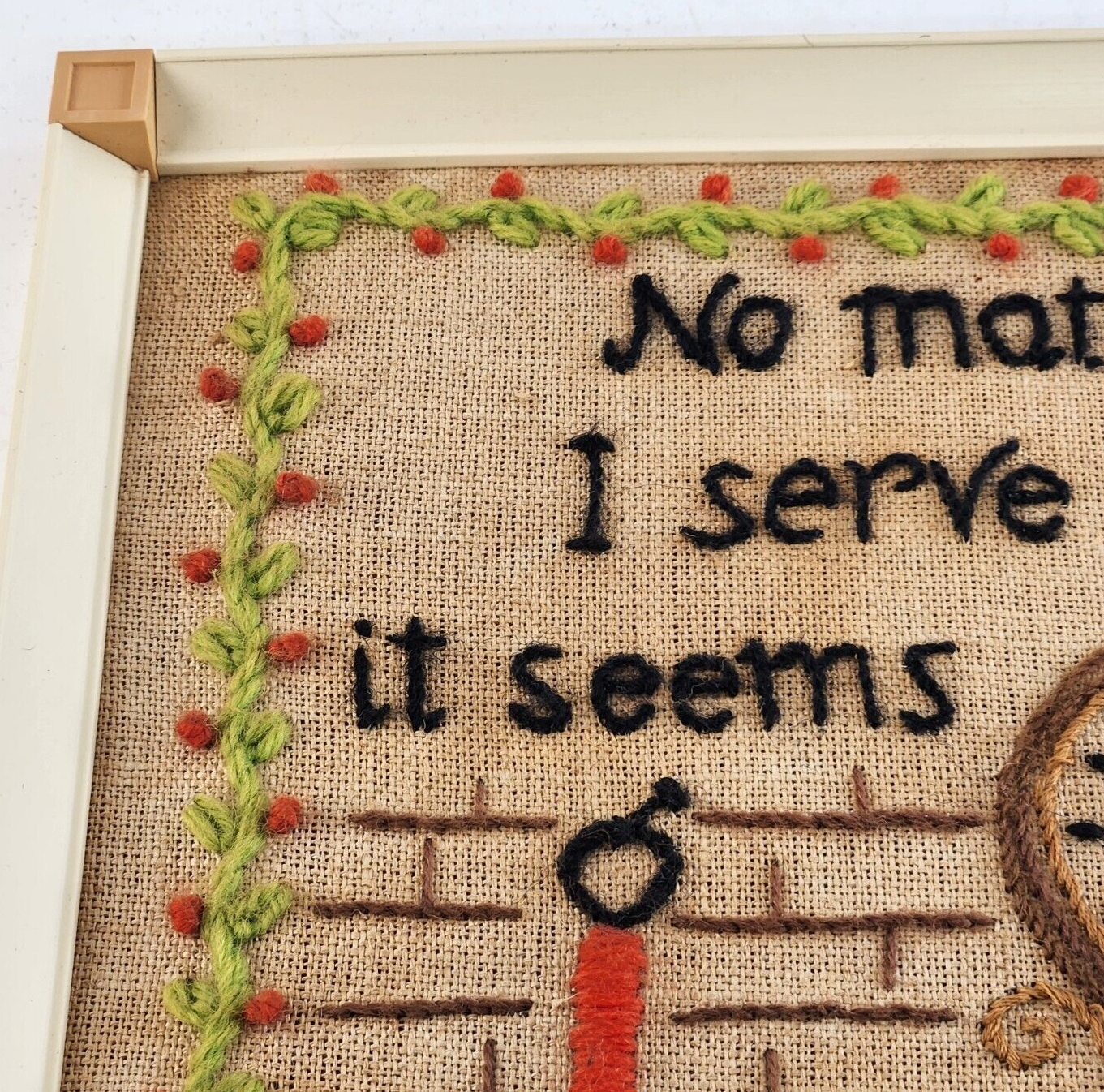 Framed Yarn Needlepoint Crewel Art Retro Kitchen Love 15"x11" MCM 60s Mod