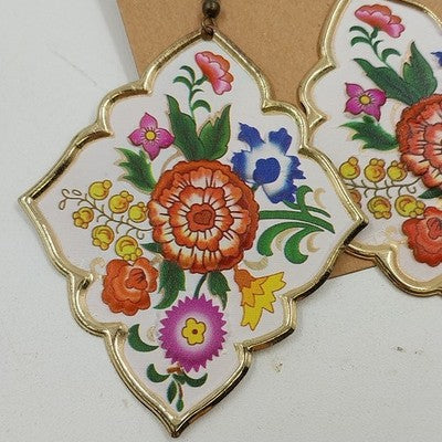 Gold Tone Enamel Tin Diamond Shaped Floral Boho Dangle Drop Earrings 2"