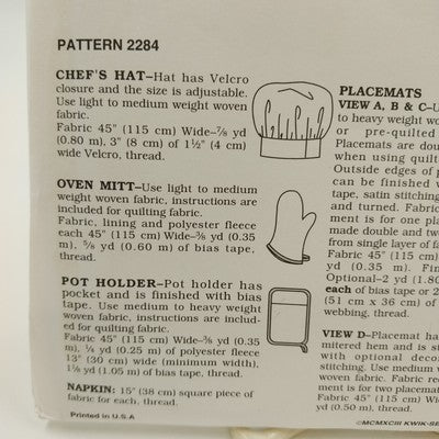Kwik Sew 2284 Vintage Sewing Pattern Uncut Oven Mitt Chef Hat Potholder Placemat