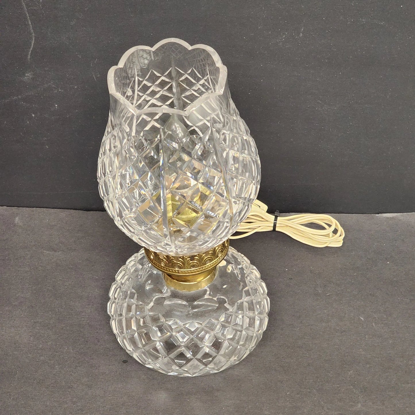 Waterford Crystal Hurricane Table Lamp 13" Tulip Style Clear Glass Brass Accents