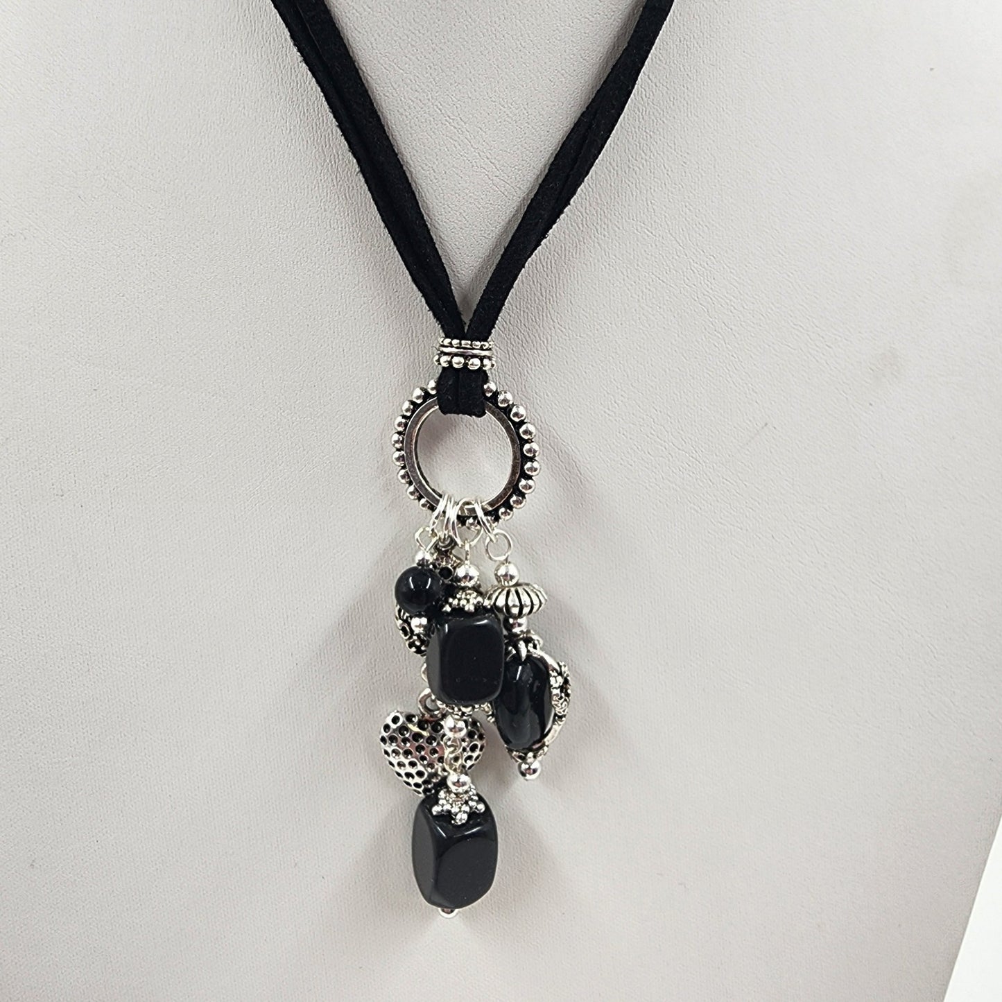 Black Corded Silver Tone Charm Heart Black Large Faux Pearl Bead Dangle Necklace