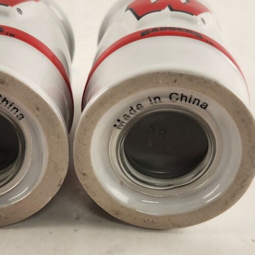 Set of 2 Ceramic Salt Pepper Shakers Wisconsin Badgers Logo White Red Trim 3.5"h