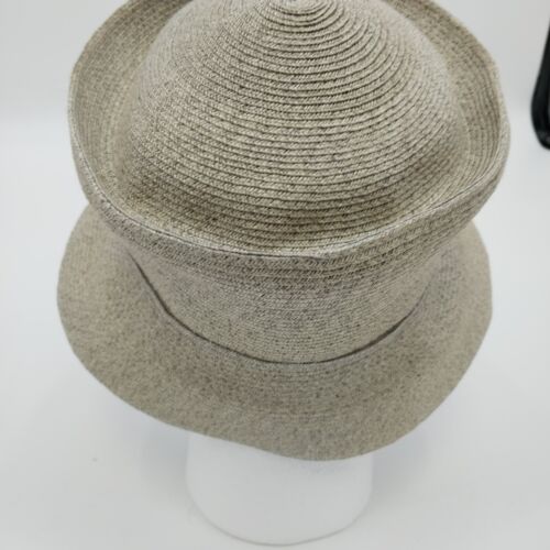 Deborah Rhodes Brimmed Hat Gray Straw Weave Bows Buttons 2.5" Women Medium