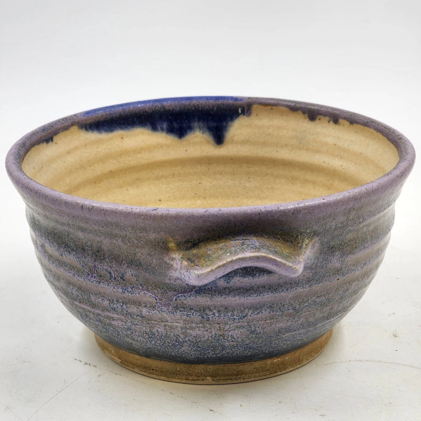 Handmade Pottery Bowl Art Studio Blue Purple Outer Yellow Inner Handled Signed