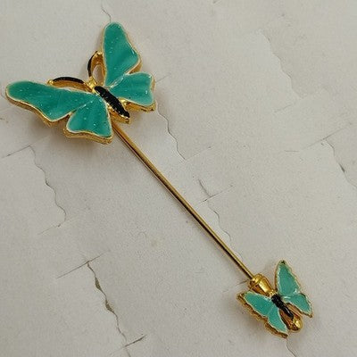 Gold Tone with Small & Large Mint Green Butterfly Enamel Stick Pin 3"