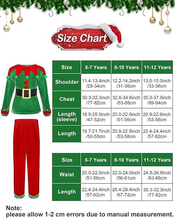 Elf Costume Red Green NEW NO EARS Shirt Pants Belt Boots Hat Child Size 8 - 10