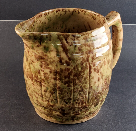 Beige & Brown Ceramic Spongeware Pitcher Morton Pottery Vintage Barrell Style