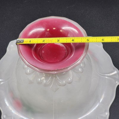 Indiana Glass White Console Flared Footed Bowl w Red Flashed Tulips Ruffled Edge