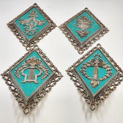 Set 4 Homco Diamond Cameo Wall Plaques Gold & Turquoise Decor Rare Mid Century