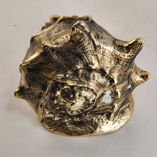 Ceramic Conch Shell Gold Painted & Antique Decorated Centerpiece 6.5"x5"