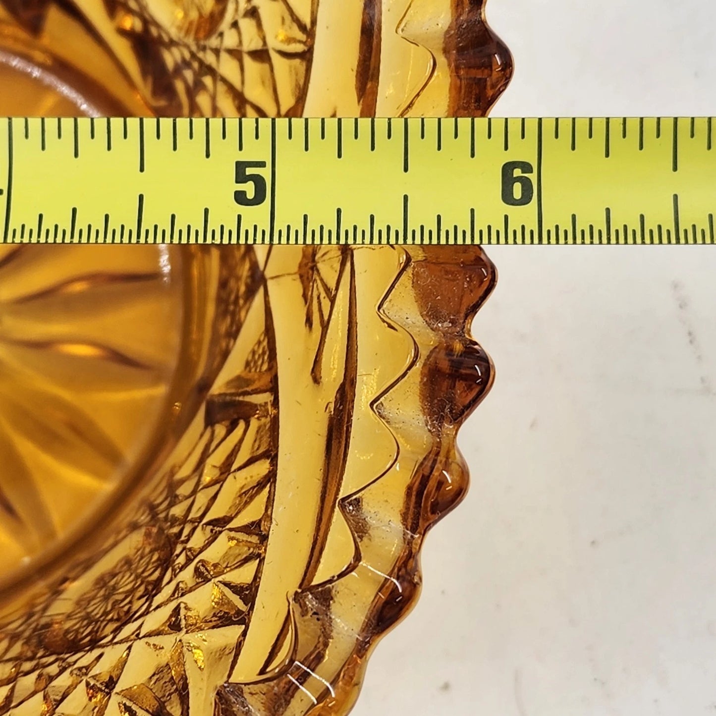 LE Smith Amber Glass Candy Nut Dish 6" Starburst Pattern Sawtooth Rim