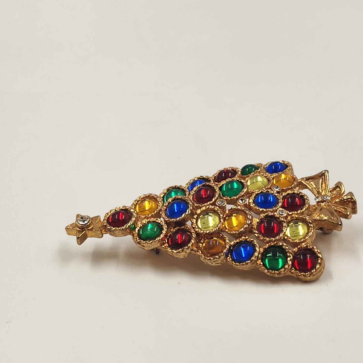 Christmas Tree Gold Tone Brooch w Multicolor Rhinestone Pin 2.5" Holiday Vintage