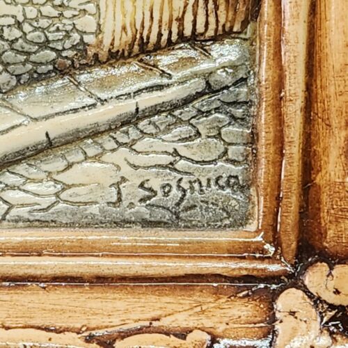 Molded Resin 3D Wall Art Cottage Shrubbery Street Scene Picture Frame Signed