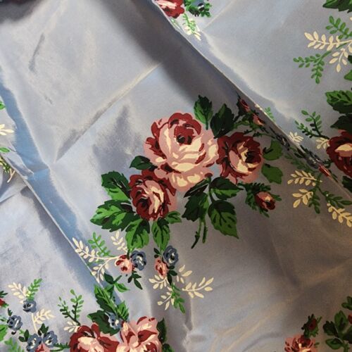 Apron Waist Vintage Nylon Blue Floral Pocket Cooking Kitchen Roses Taffata