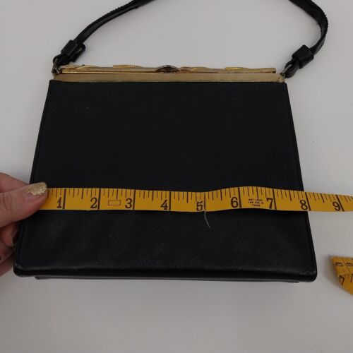 Black Handbag Vintage w Coin Purse Rhinestone Metal Clasp Closure 8"