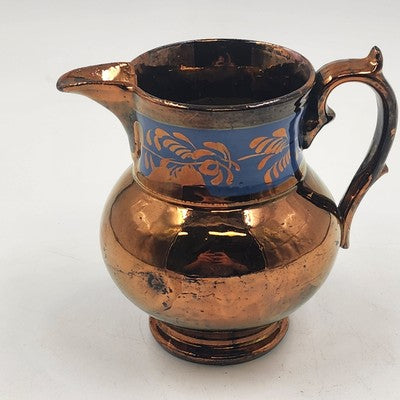 Copper Lusterware Small Creamer Pitcher Bronze & Cobalt Blue Band Floral 5.5"x3"