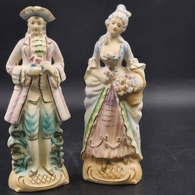 Colonial Man & Woman Figurines 10.5" Painted Porcelain Bisque Occupied Japan