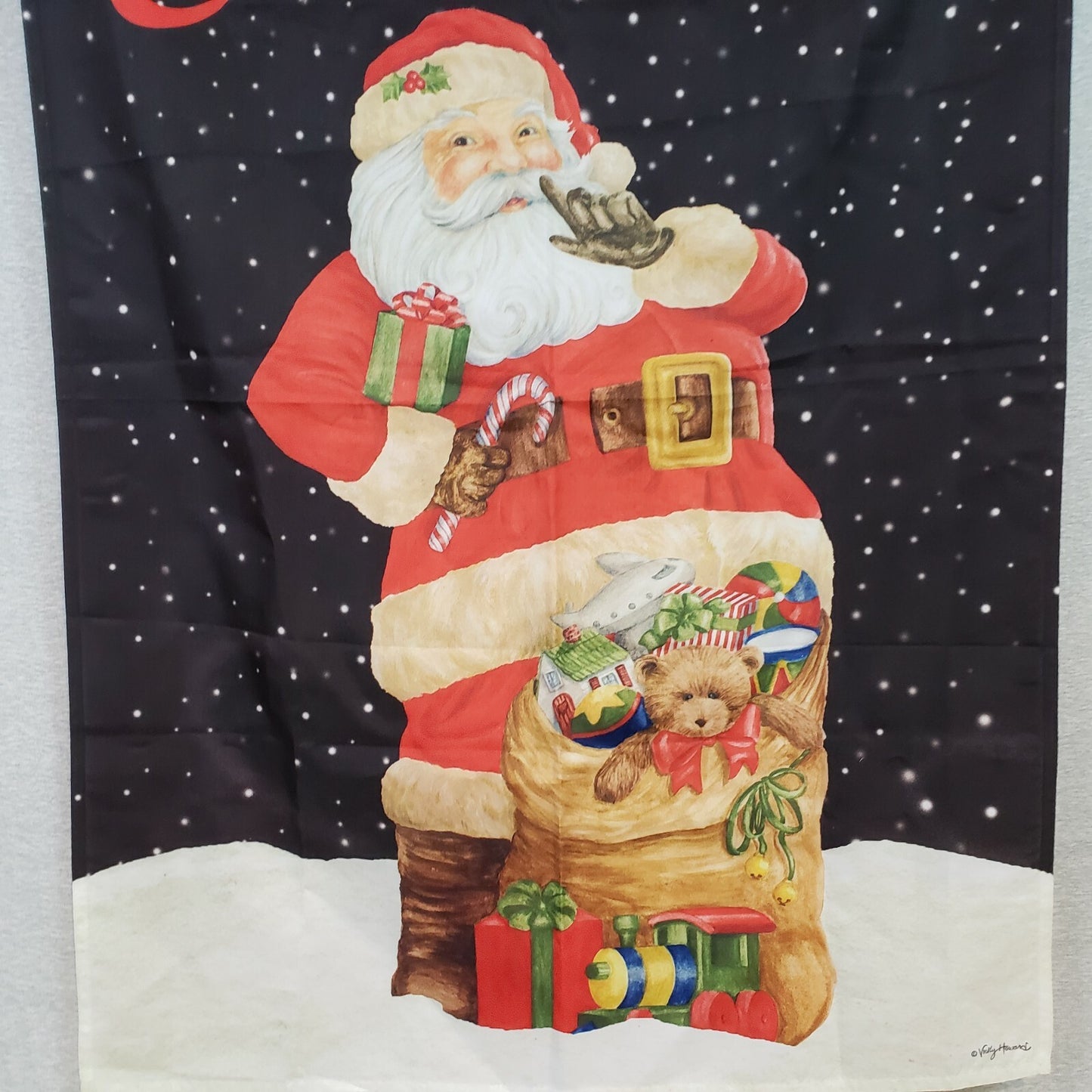 Merry Christmas Santa House Flag Vicky Howard Bag of Toys 40"x28" Large EUC