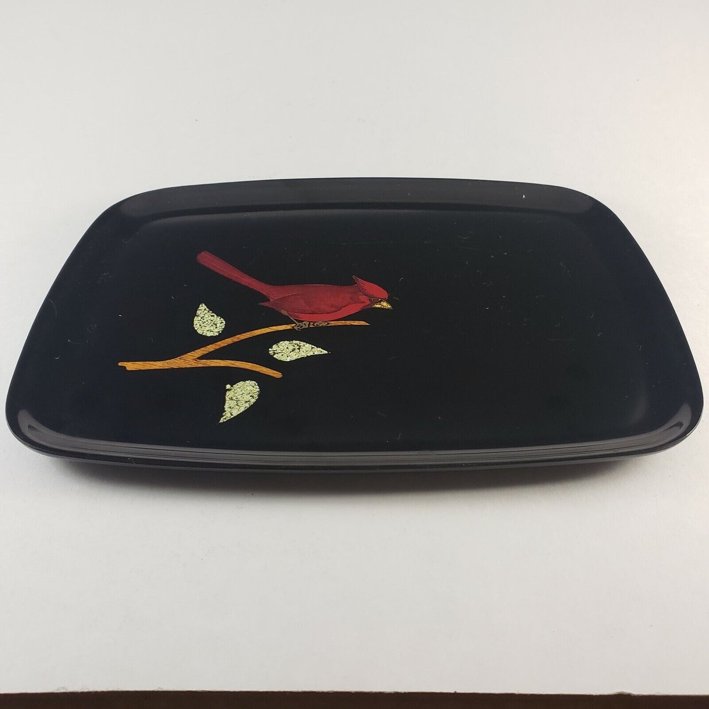 Unique Couroc of Monterrey Black Lacquer Tray with Red Cardinal Branch 12½”x 9½"