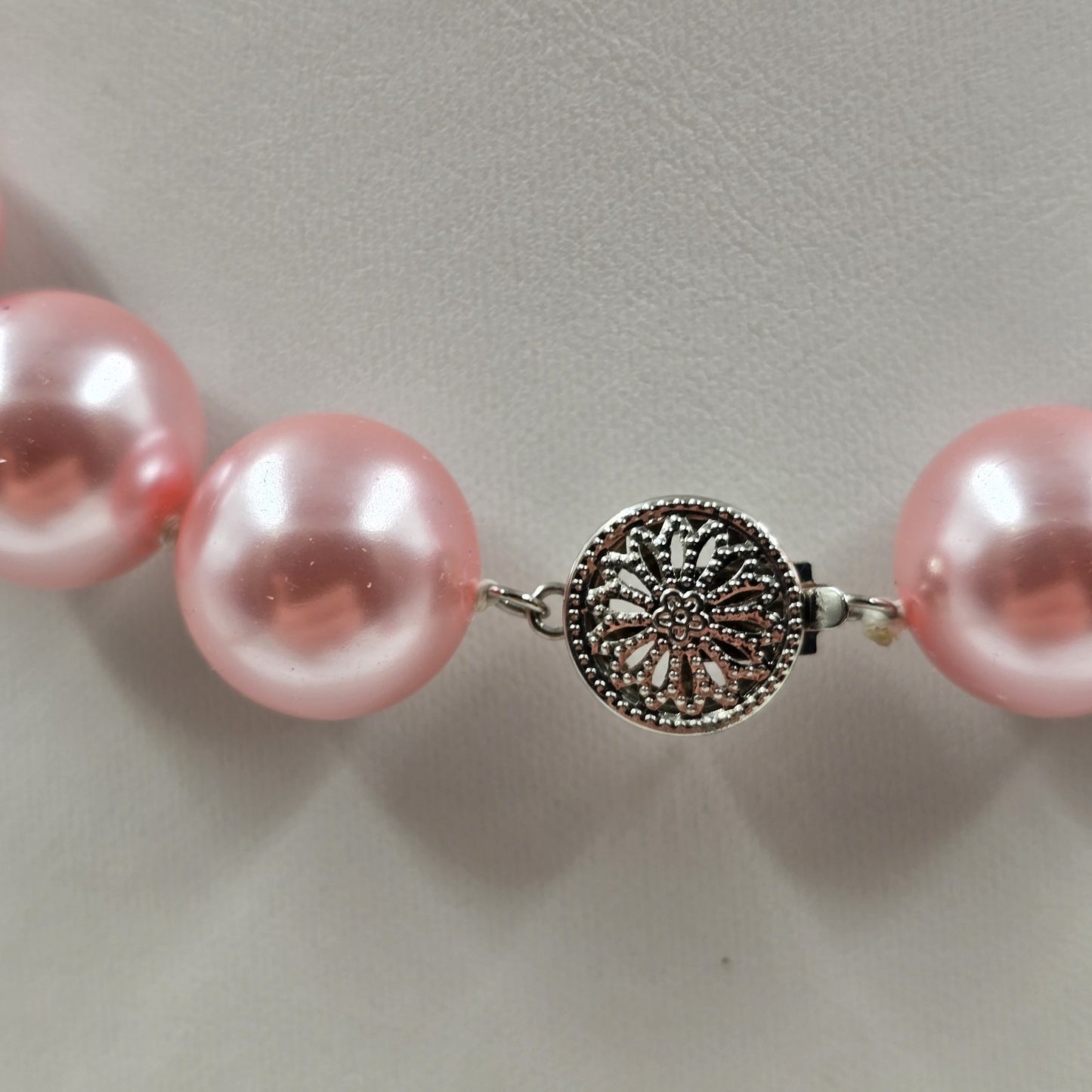 Pale Pink Glass Faux Pearl Chocker Beaded in Silver Filigree Push Necklace 9.5"