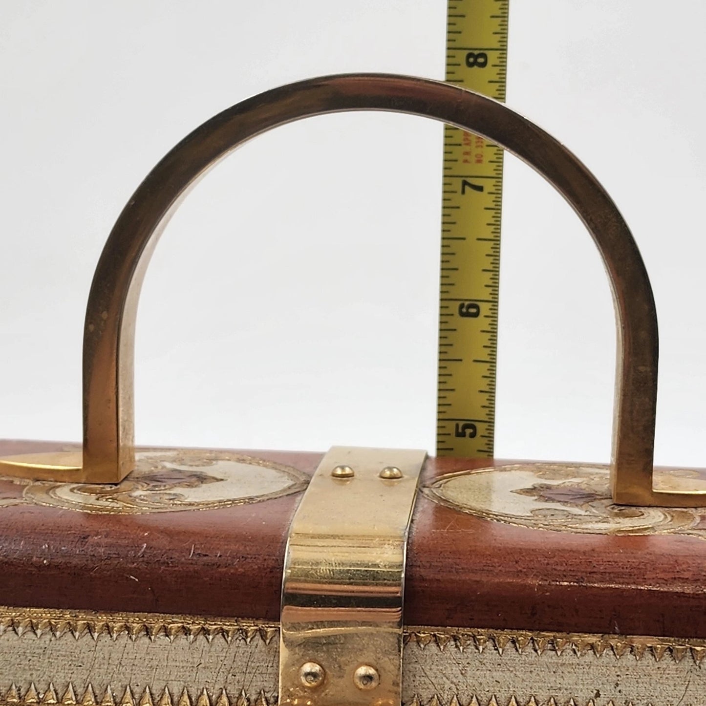 Florentine Italy Ladies Purse Box Shape Wood and Brass Bombe Design Hand Painted