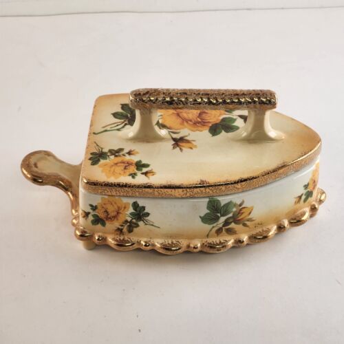 Porcelain Trinket Dresser Box Iron Yellow Gold Gilt Covered Jewelry Ring Vintage