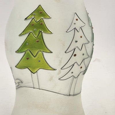 Glass Hurricane Candle Chimney 13"x6" Frosted w Hand Painted Christmas Pine Tree